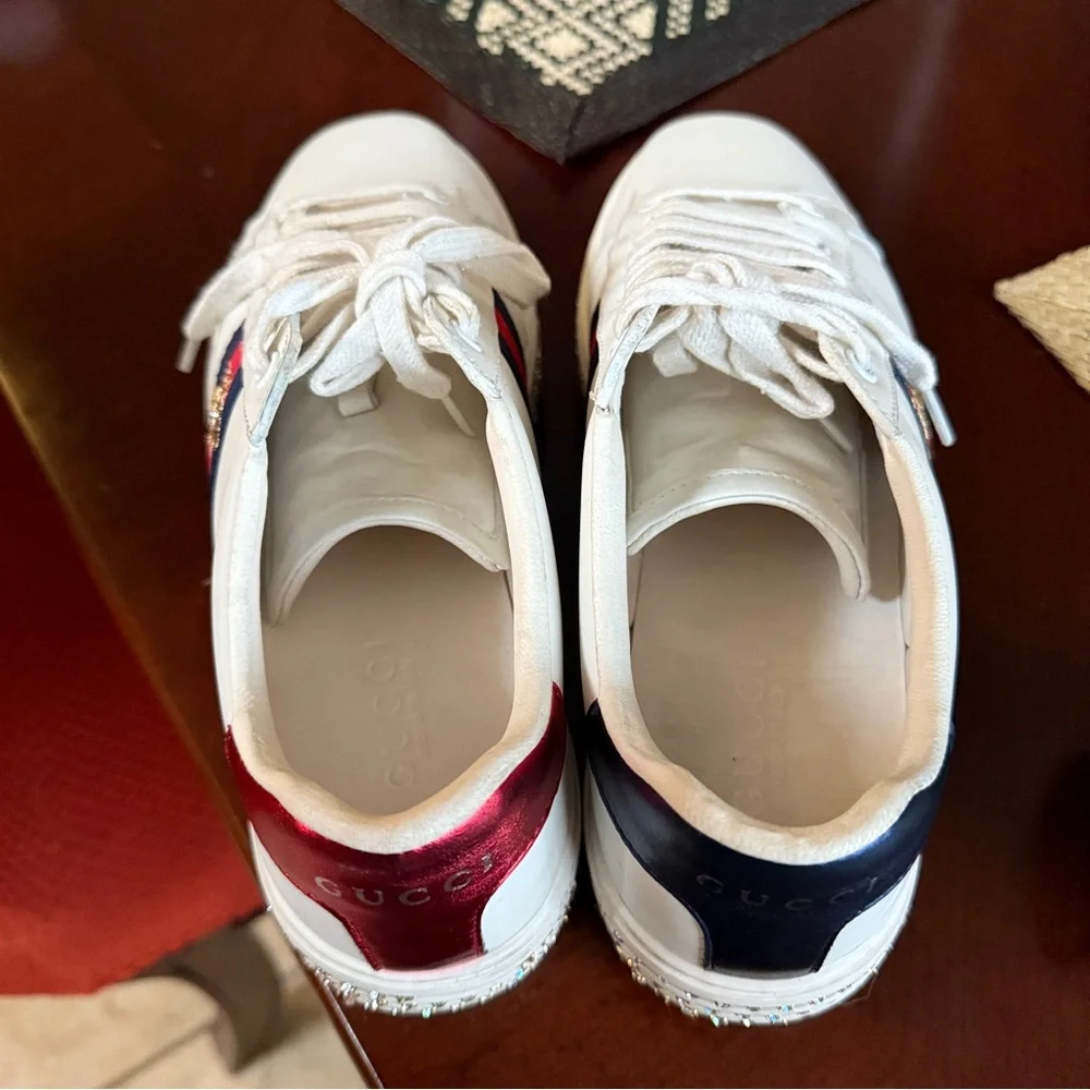 GUCCI Calfskin Crystal Web Bee Womens Ace Platform Sneakers 39 White - Picture 12 of 15